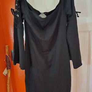 Elegant Black Long Sleeve Dress with Lace-Up Detail